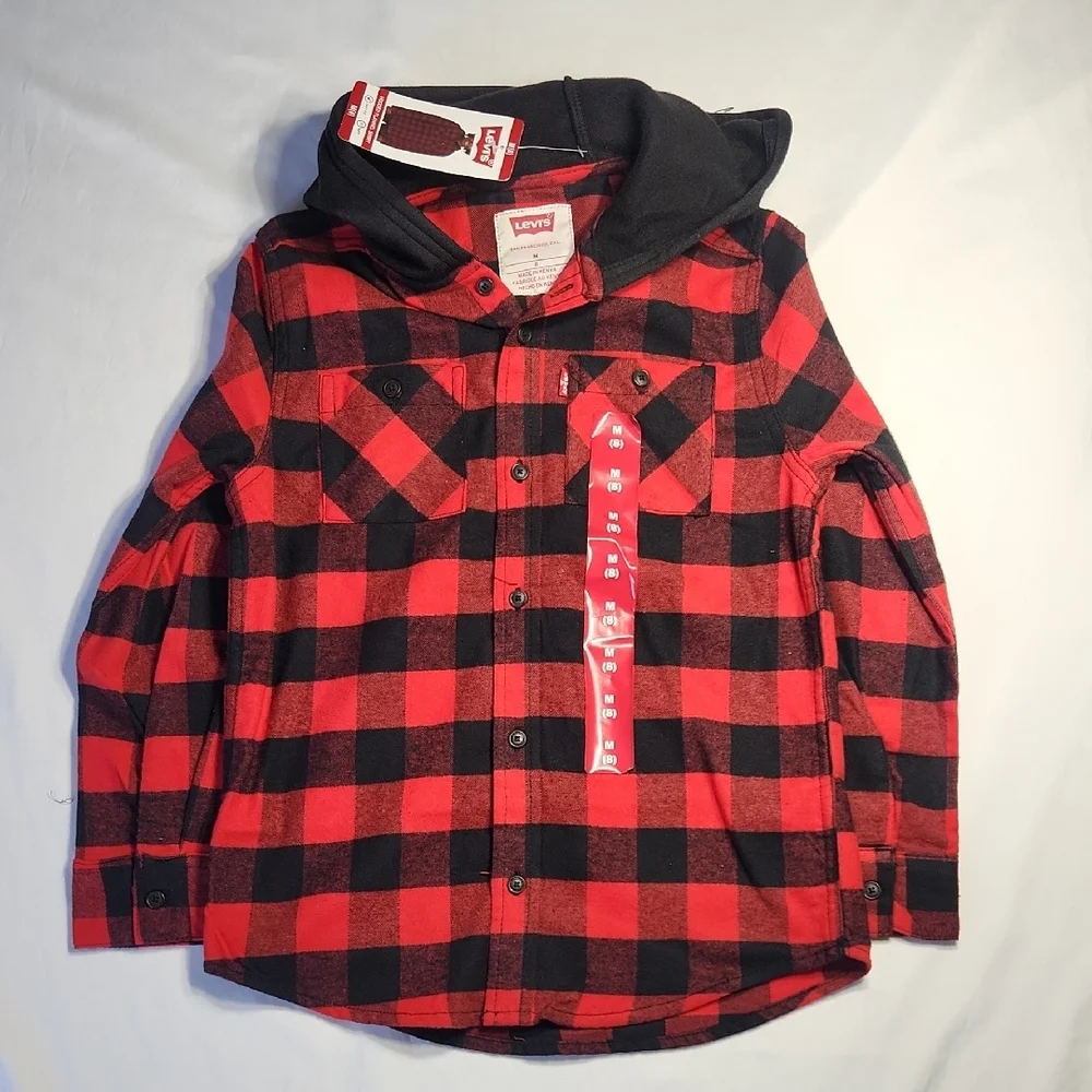Levi’s Boys Red & Black Buffalo Plaid Flannel Shirt Jacket with Hood – Size M